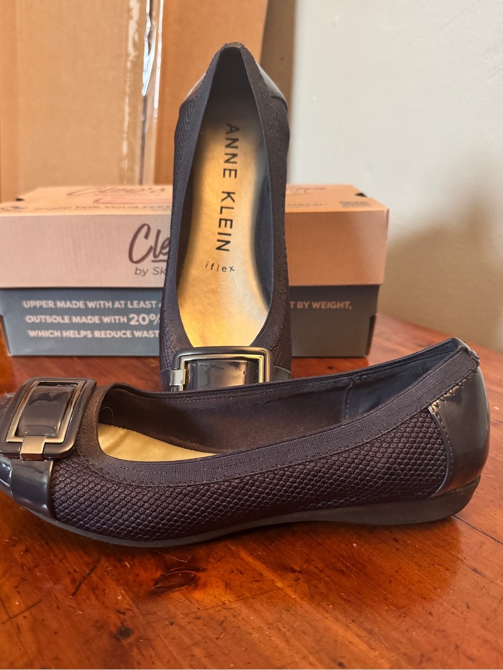 Anne Klein Black Textured Ballet Flats with Decorative Buckle